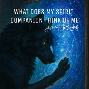 Puede incluir: Imagen artística de un lobo negro con ojos amarillos brillantes, sobre un fondo azul cósmico. El texto dice: "¿QUÉ PIENSA MI COMPAÑERO ESPIRITUAL DE MÍ? Lectura Precisa".