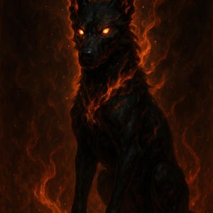 Puede incluir: Ilustración digital de un perro negro con llamas anaranjadas emanando de su cuerpo. El perro está sentado, con ojos naranjas brillantes y un fondo oscuro. La obra tiene un tema de fantasía.