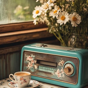 May include: A vintage turquoise radio with floral accents sits on a floral tablecloth, next to a teacup and saucer. A bouquet of white daisies with yellow centers is in a glass jar, creating a cozy, nostalgic scene.