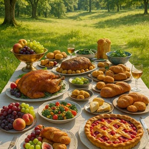 Puede incluir: Una mesa de picnic con pollo asado, pan, fruta y tarta. La mesa está puesta al aire libre en un día soleado con un fondo de hierba verde y árboles.