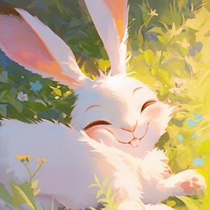 May include: A white rabbit with long ears and a smiling expression resting in a patch of green grass and small blue and yellow flowers. The rabbit has soft fur, pinkish inner ears, and visible front teeth, illuminated by bright sunlight.