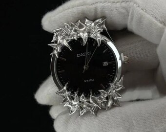 Casio Quartz Soldered Spikey Silver Watch - Black Face Brand New Japan Movement Casio Watch Soldered Spiky Navy Blue Silver Band | eBay main image 2