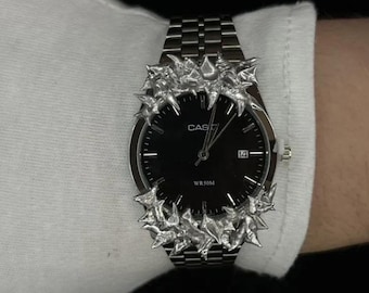 Casio Quartz Soldered Spikey Silver Watch - Black Face Brand New Japan Movement Casio Watch Soldered Spiky Navy Blue Silver Band | eBay main image 4