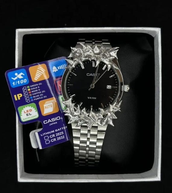 Custom Casio Watch – Silver Spiked Bezel, Handmade Y2K Punk Unisex