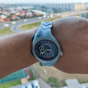 Y2K Triax Nike Watch – Asymmetrical Silver Case, Blue Sport Dial