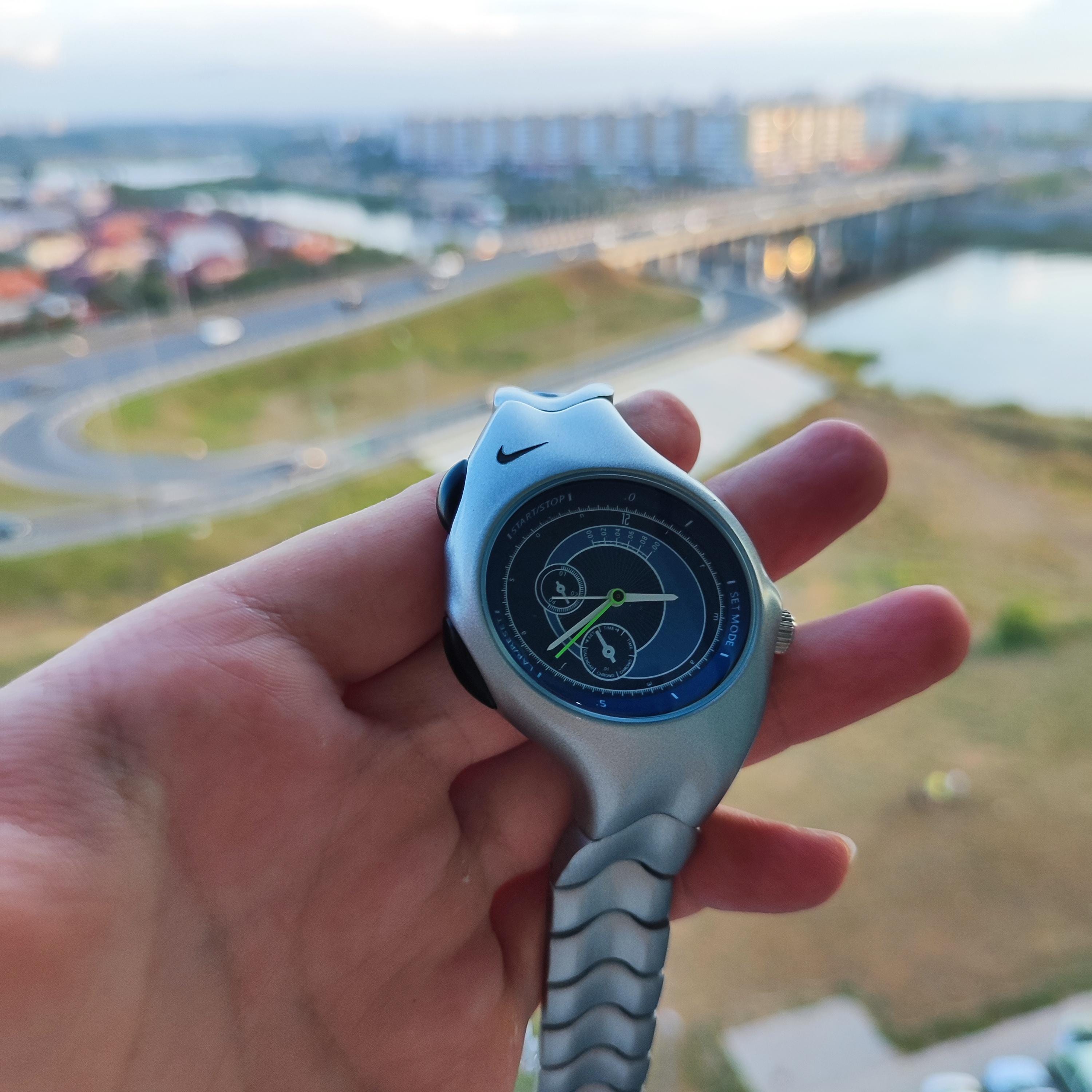 Y2K Triax Nike Watch – Asymmetrical Silver Case, Blue Sport