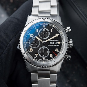 Vintage Breitling Aviator 8 UNWORN Chronograph Day Date Black Dial Steel Bracelet 43mm