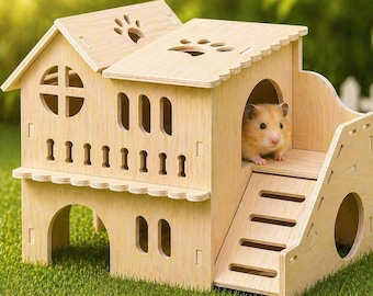 Casa de madera para hámster con accesorios para jaula, juguetes, escondite y villa para mascotas pequeñas. Accesorios para cobayas.