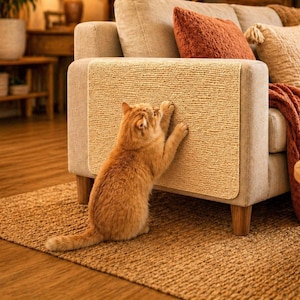 May include: An orange cat scratches a beige scratching pad attached to the arm of a beige sofa. The room has a neutral color palette with wooden shelves, a round wooden coffee table, and a jute rug.