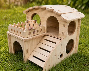 Hamster Hide House with Hamster Accessories for Cage, Hamster Platform with Fence, Hamster Hideout, Hamster Enrichment