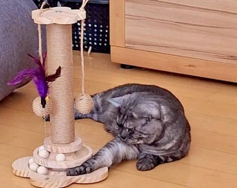 Wooden Cat Turntable Toy, Sisal Scratch Post, Modern Cat Furniture