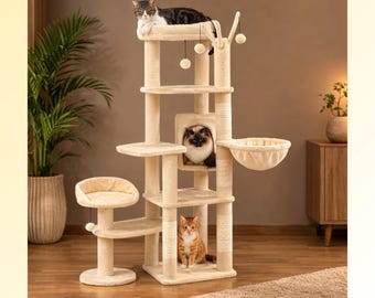Cat Trees and Towers Furniture with Cat Scratching Post and Cat Hammock for Tree Round Modern Cat Tower Multi-Level Cat Bed Cave