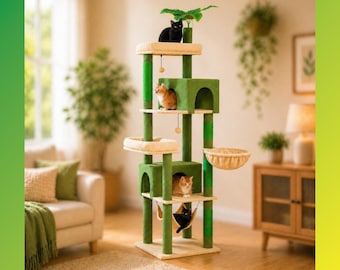 Large Cat Tower with Cat Scratcher and Cat Condo with Cat Hammock with Bed Multifunction Modern Cat Tree Tall Wall Furniture
