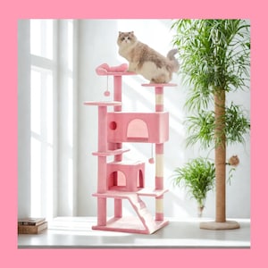 May include: A pink cat tree with multiple levels, platforms, and a small ramp. A fluffy cat sits atop the highest platform. The cat tree has a soft, plush texture and includes a hanging toy. The background features a window and a potted plant.