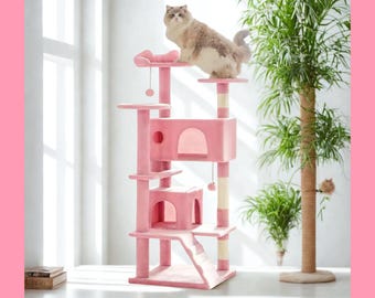 Pink Modern Cat Tower for Large Cats with Cat Scratcher Post Tall Cat Tree Towers Cat Shelves Unique Cat Trees for Large Cats with Cat Beds