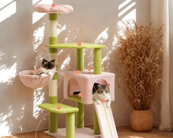 Pink Tall Cat Tree Houses with Cat Hammock for Window Cat Tower Plans Cat Condo Cat Wall Furniture Cat Scratcher Post Modern Cat Tree Tower