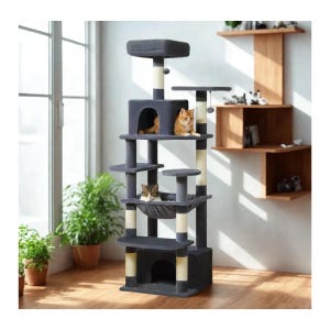 May include: A multi-level cat tree in shades of gray and beige. The cat tree features multiple platforms, a hammock, and enclosed spaces for cats to rest and play. Two cats are visible on the cat tree. The cat tree is placed near a window and a wooden shelf.