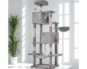 Cat Tower with Cat Hammock Cat Tree Tower with Cat Scratcher and Two Balls Cat Furniture Wall Wood Cat Tree, Cat Shelves, Cat Condo, Cat Bed