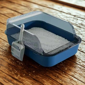 May include: A blue cat litter tray with a clear, hinged lid and a grey scoop. The tray is filled with white litter. The scoop is resting inside the tray. The tray is on a wooden surface.