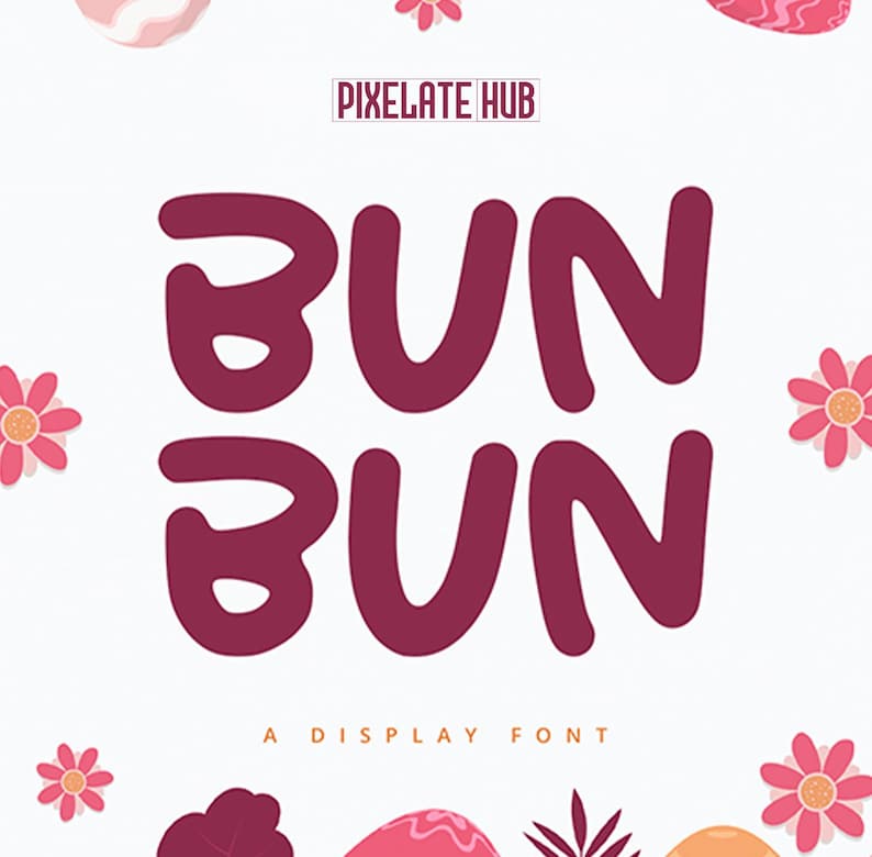 K&ouml;nnte beinhalten: Grafikdesign mit den Worten "BUN BUN" in einer fetten, dunkelrosa Schrift. Der Text ist auf einem wei&szlig;en Hintergrund zentriert, wobei die W&ouml;rter vertikal gestapelt sind. Der Satz "A DISPLAY FONT" steht unten. Das Logo "PIXELATE HUB" befindet sich oben.