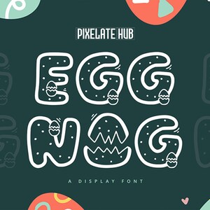 K&ouml;nnte beinhalten: Eine Display-Schriftart mit den Worten "EGG NOG" in wei&szlig;en, umrandeten Buchstaben. Jeder Buchstabe ist mit wei&szlig;en Punkten und einem Osterei verziert. Der Hintergrund ist dunkelblaugr&uuml;n mit dekorativen Formen.