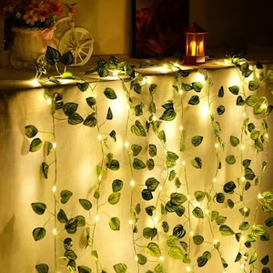 May include: A decorative string of LED lights with artificial green leaves. The warm white lights are draped over a surface, creating a soft glow. A small red lantern and decorative bicycle are visible in the background.