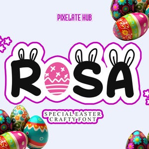K&ouml;nnte beinhalten: Ein Grafikdesign mit dem Wort "ROSA" in einer verspielten Schriftart mit Hasenohrakzenten, umgeben von Ostereiern. Der Text "SPECIAL EASTER CRAFTY FONT" ist ebenfalls enthalten. Das Design hat einen hellvioletten Rand und einen hellblauen Hintergrund.