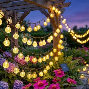 Puede incluir: Luces de cadena solares para exteriores con bombillas globulares amarillas cálidas, colgadas sobre una pérgola de madera y a lo largo de un muro de piedra. Las luces iluminan un jardín lleno de follaje rosa, púrpura y verde.