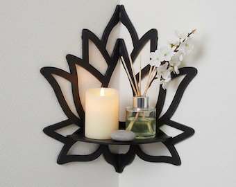 Mensola angolare Lotus / Legno nero, elemento decorativo Boho Zen per la casa, porta aromi