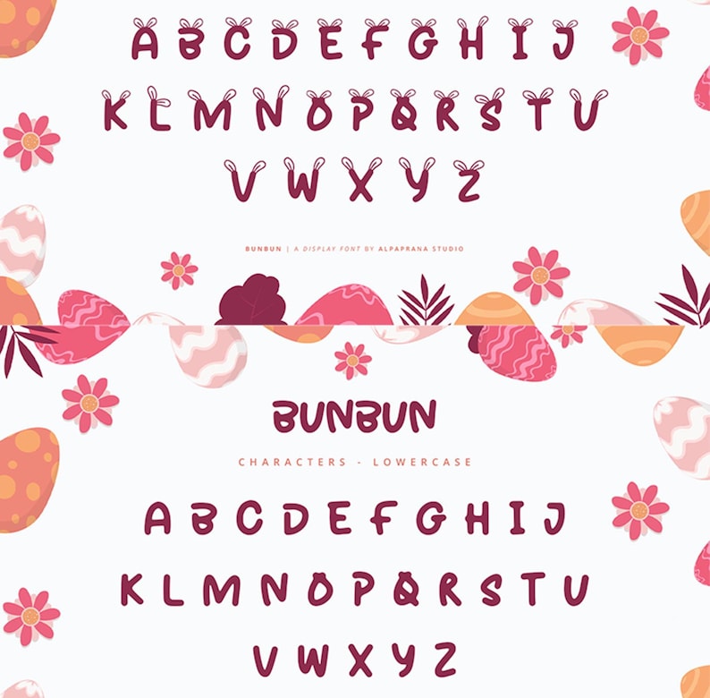 K&ouml;nnte beinhalten: Eine Schriftart namens "Bunbun" mit Gro&szlig;- und Kleinbuchstaben in einem verspielten Stil. Die Buchstaben sind tiefrosa und haben Hasenohren-Akzente. Das Design umfasst Ostereier und florale Elemente.