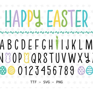 K&ouml;nnte beinhalten: Ein farbenfrohes digitales Grafikdesign mit dem Schriftzug "HAPPY EASTER" in Pastellfarben. Enth&auml;lt das Alphabet, Zahlen und Ostermotive. Geeignet f&uuml;r digitale Projekte und Designs.