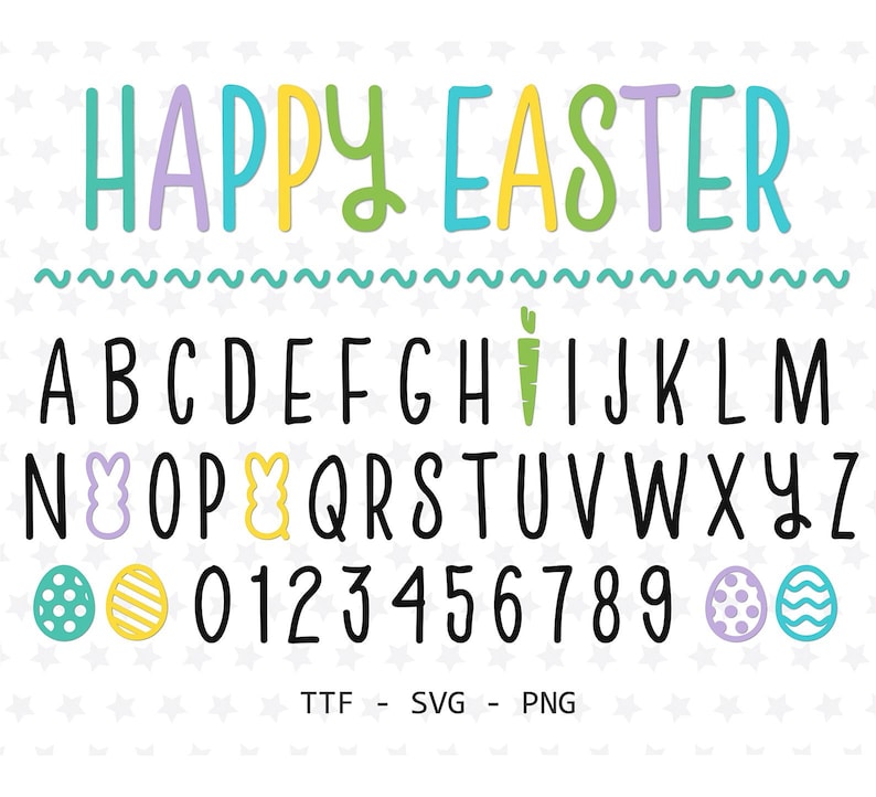 K&ouml;nnte beinhalten: Ein farbenfrohes digitales Grafikdesign mit dem Schriftzug "HAPPY EASTER" in Pastellfarben. Enth&auml;lt das Alphabet, Zahlen und Ostermotive. Geeignet f&uuml;r digitale Projekte und Designs.