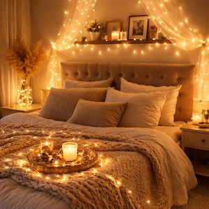 May include: A cozy bedroom scene with warm lighting. A bed is covered with a chunky knit blanket and pillows. A woven tray with candles and decorative items sits on the bed. String lights are draped around the bed and canopy, creating a relaxing atmosphere.
