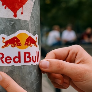 Könnte beinhalten: Ein Red Bull-Aufkleber wird auf eine Metallstange geklebt. Der Aufkleber zeigt das Red Bull-Logo: zwei rote Bullen, die sich vor einer gelben Sonne gegenüberstehen, mit dem Schriftzug "Red Bull" in Rot darunter.