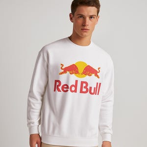 Könnte beinhalten: Weißes Sweatshirt mit Rundhalsausschnitt und dem Red Bull-Logo in Rot und Gelb. Das Logo zeigt zwei rote Bullen, die sich gegenüberstehen, mit einer gelben Sonne im Hintergrund und den Worten "Red Bull" darunter.