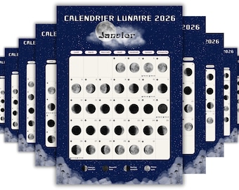 Könnte beinhalten: Eine Reihe von Mondkalendern für 2026, mit einem dunkelblauen Hintergrund mit Sternenhimmel. Der Januar-Kalender ist abgebildet und zeigt die Mondphasen. Der Text "CALENDRIER LUNAIRE 2026" steht oben.