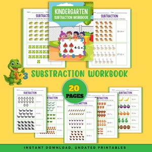 May include: A colorful kindergarten subtraction workbook with 20 pages. The cover features children and a math problem. Inside, there are subtraction problems with images of frogs, ducks, and other objects. The text says "Instant Download, Undated Printables."