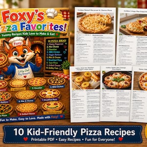 以下が含まれることがあります： 「Foxy's Pizza Favorites!」という子供向けの料理本には、漫画のキツネとピザのレシピが掲載されています。表紙にはペパロニやハワイアンなど、さまざまな種類のピザが描かれています。この本は、子供たちが作って楽しめる美味しいレシピを約束します。