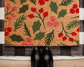 Merry Christmas Doormat with Holly Leaves, Festive Holiday Welcome Mat, Seasonal Winter Doormat, Xmas Porch Decor, Housewarming Gift