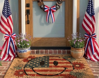 America 250 Doormat, Patriotic Smiley Face Welcome Mat,USA 250th Anniversary Decor,Fourth of July Doormat,1776 2026 Semiquincentennial Decor