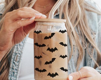 Bat Halloween Glass Cup with Lid and Straw: Spooky Season Drinkware