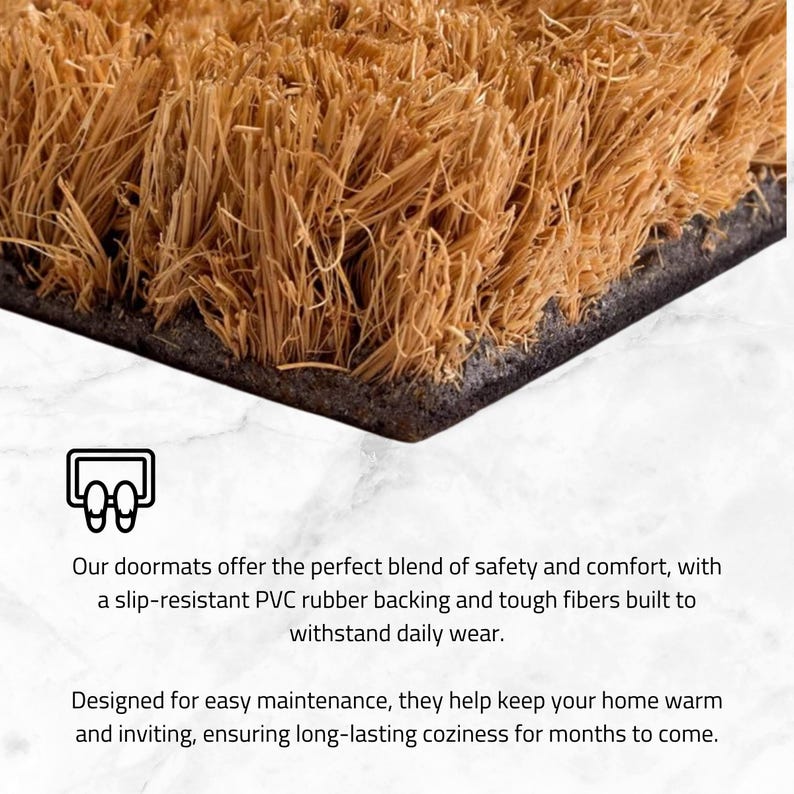 May include: Close-up of a rectangular doormat with a natural fiber surface and a dark border. The doormat is made of tough fibers and a slip-resistant PVC rubber backing. The doormat is designed for easy maintenance.