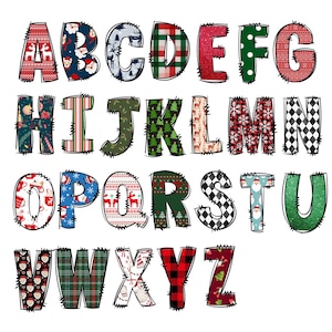 K&ouml;nnte beinhalten: Ein komplettes Alphabet dekorativer Buchstaben, jeder mit einem einzigartigen Weihnachtsmuster. Designs umfassen Rentiere, Weihnachtsm&auml;nner, Schneeflocken, Karomuster und Weihnachtsb&auml;ume. Die Buchstaben sind schwarz umrandet und haben einen gen&auml;hten Effekt.