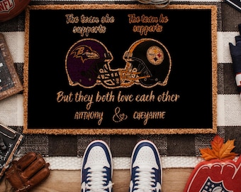 Couples Football Doormat Personalized, He Supports His Team She Supports Her Team, Custom Sports Welcome Mat, Football Fan Gift for Couple