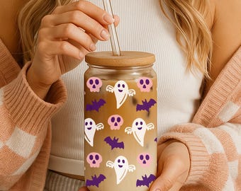 Verre à café glacé Ghost Cottagecore : tasse automne automne avec couvercle en bambou