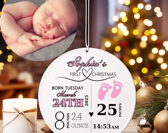 Custom Baby Birth Stats Ornament, Personalized New Baby Ornament, Baby Photo Ornament, Baby Keepsake, Baby Shower Gift, New Parent Gift