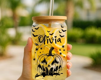 Personalized Halloween Glass Cup with Lid & Straw: Spooky Season Tumbler