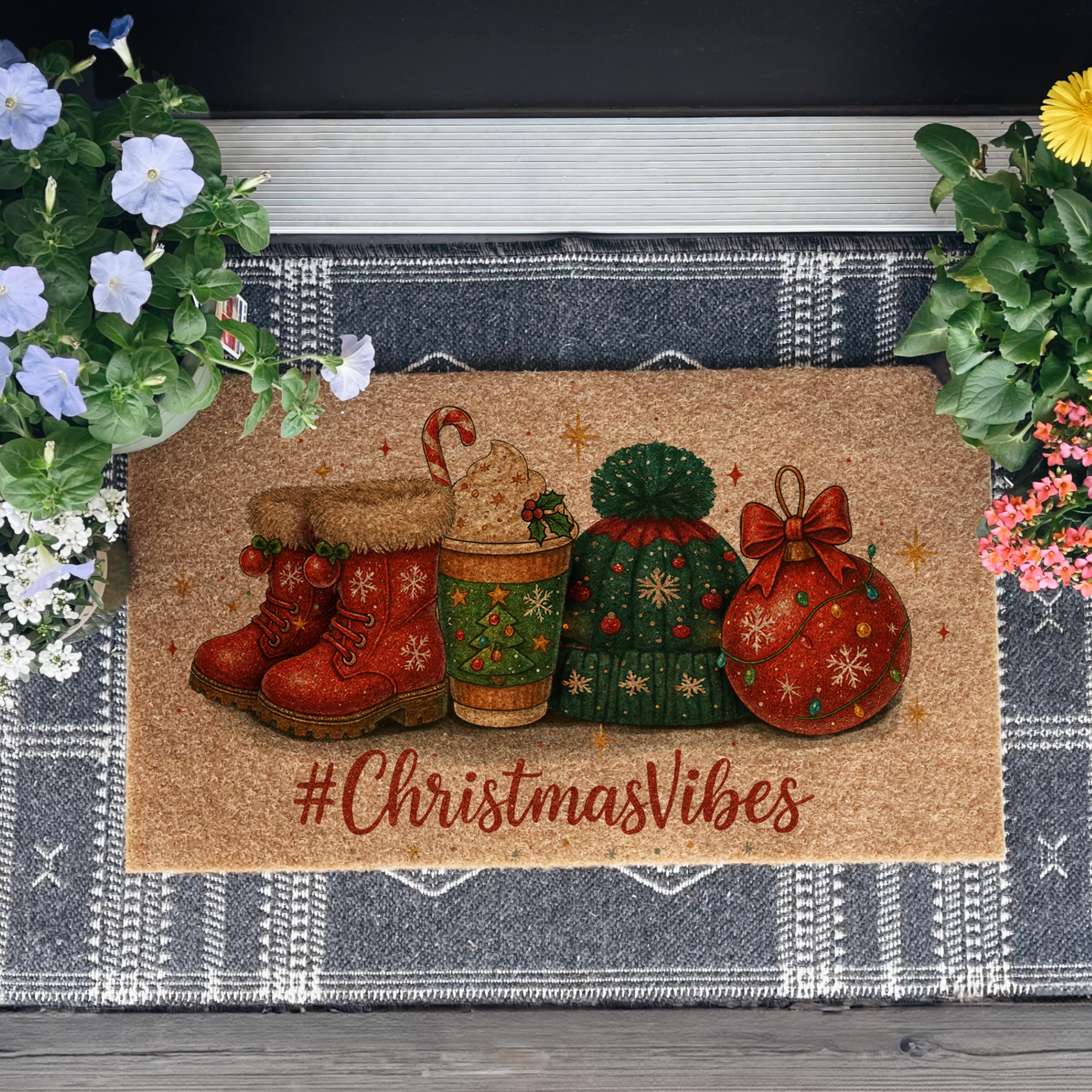 37 Inviting Christmas Front Porch Decor Ideas to Welcome Guests: Festive Ways to Wow Your Neighbors 28 Christmas Vibes Doormat, Xmas Porch Decor, Christmas Doormat,…