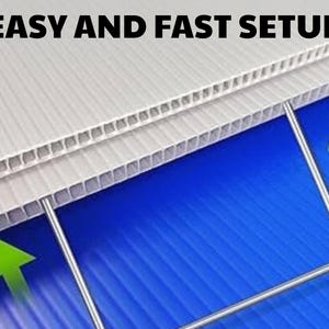 May include: Image shows white corrugated plastic sheets with the text "EASY AND FAST SETUP" in black. Green arrows point to the metal stakes used for installation. The background is a vibrant blue.