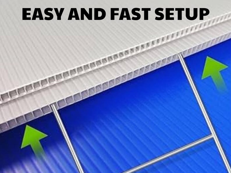 May include: Image shows white corrugated plastic sheets with the text "EASY AND FAST SETUP" in black. Green arrows point to the metal stakes used for installation. The background is a vibrant blue.